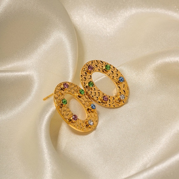 18K Gold Plated Textured Circle Earrings*Multi Color Zircon Earrings*Colorful - Picture 5 of 7